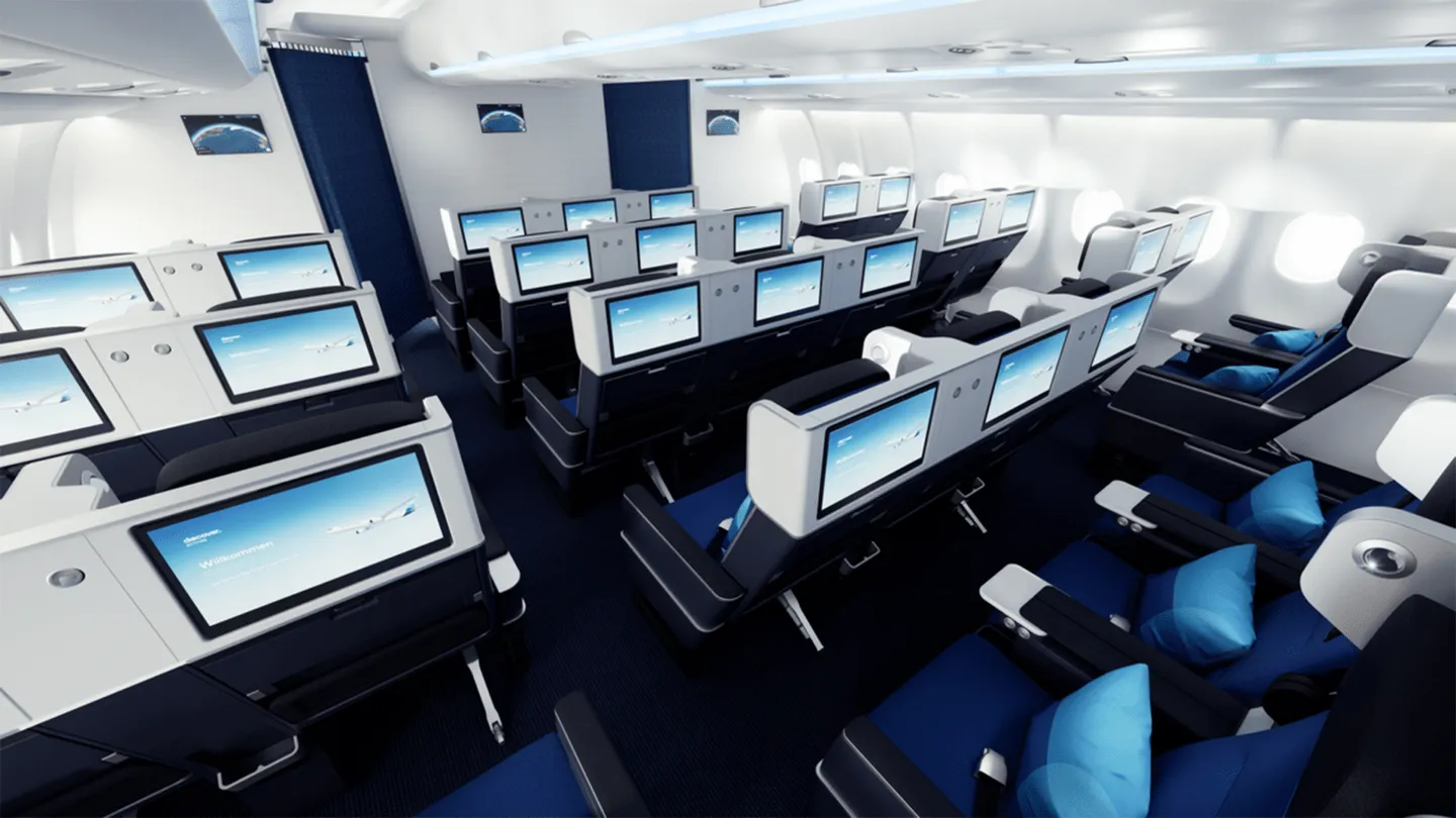 Discover Airlines cabin interior showing the galley area, designed by PriestmanGoode.