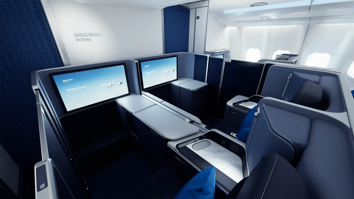 Discover Airlines cabin interior with blue and white seats and overhead panels, designed by PriestmanGoode.