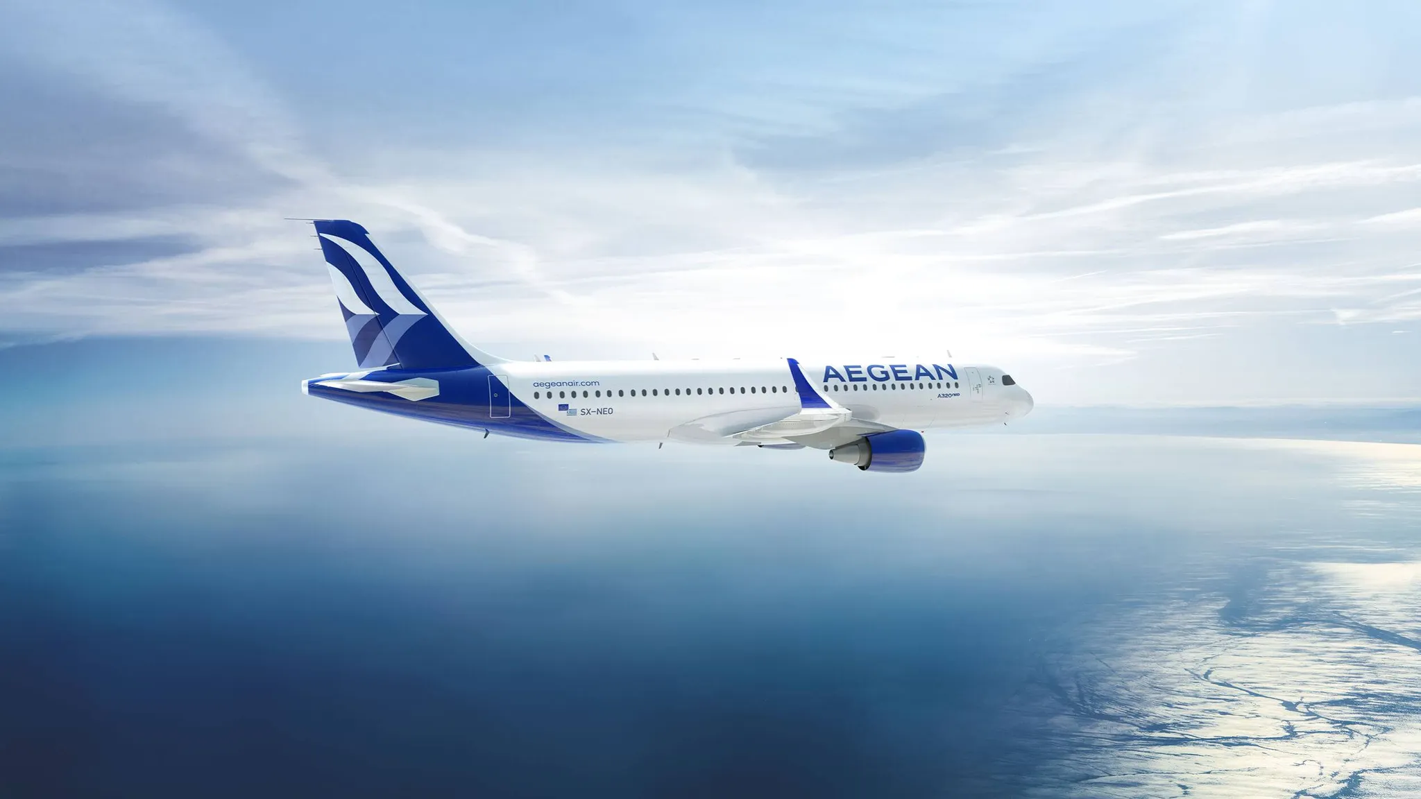 Aegean airlines flying above the sea