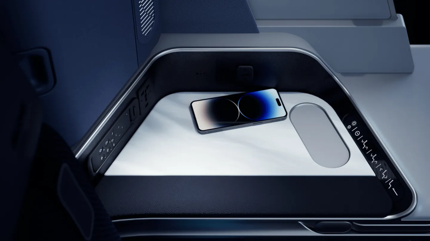 Discover Airlines cabin interior showing the entrance area, designed by PriestmanGoode.