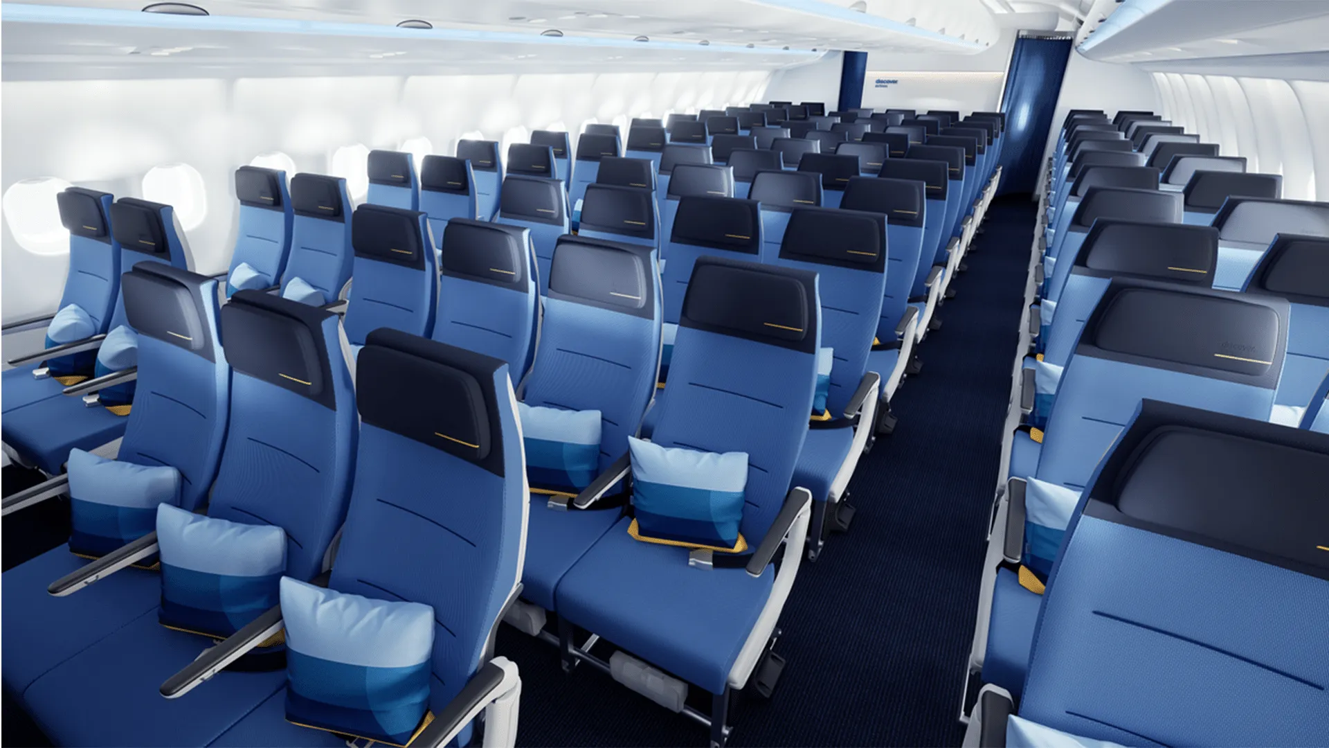 Discover Airlines cabin interior with close-up of blue and white seats, designed by PriestmanGoode.