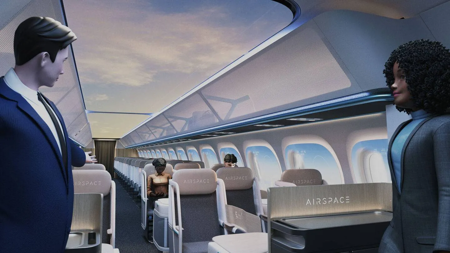 An illustration of an airplane cabin at night, with soft lighting and sleeping passengers.