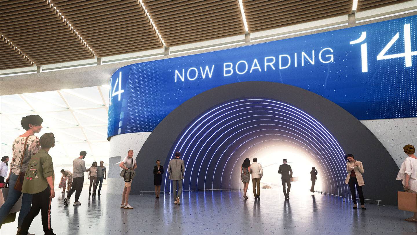 An illustration of an airplane cabin showing passengers interacting with digital interfaces.
