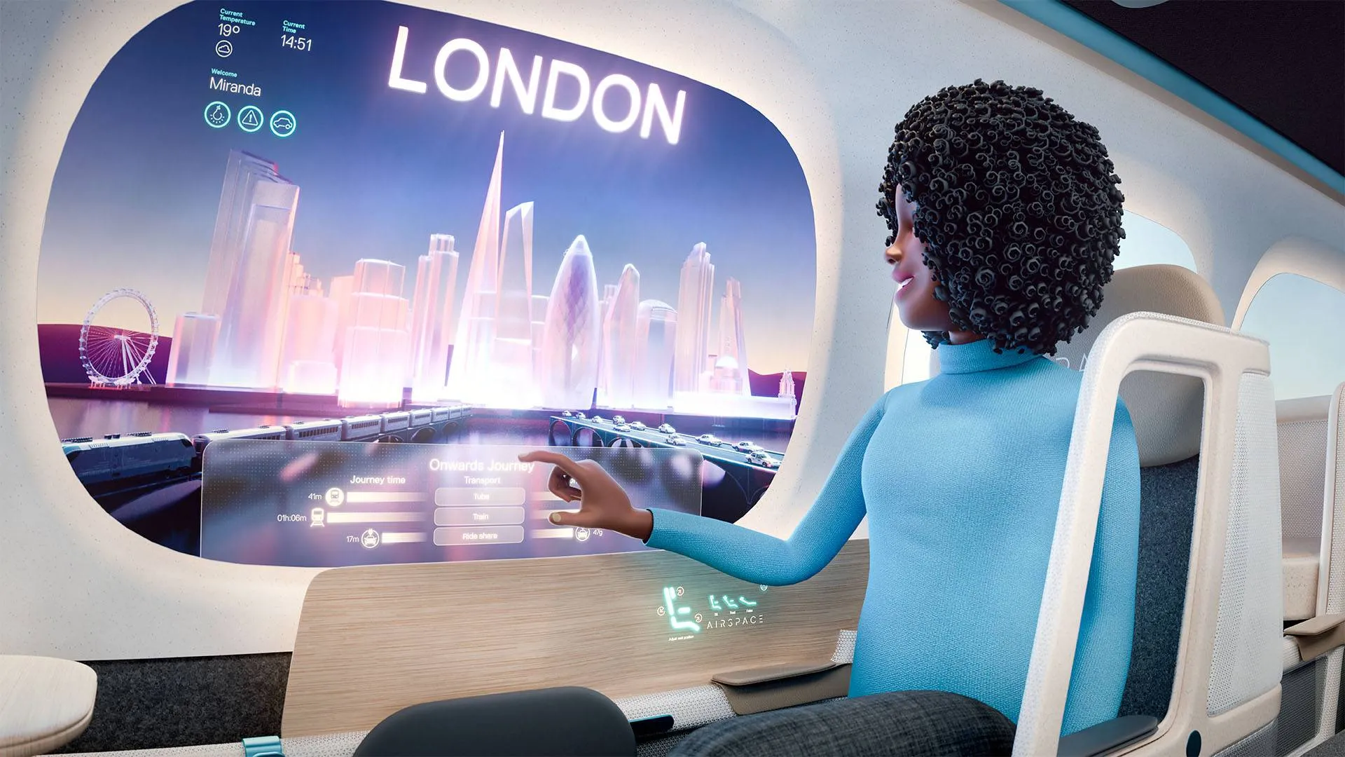 An illustration of a futuristic airplane cabin with spacious seating and large windows.