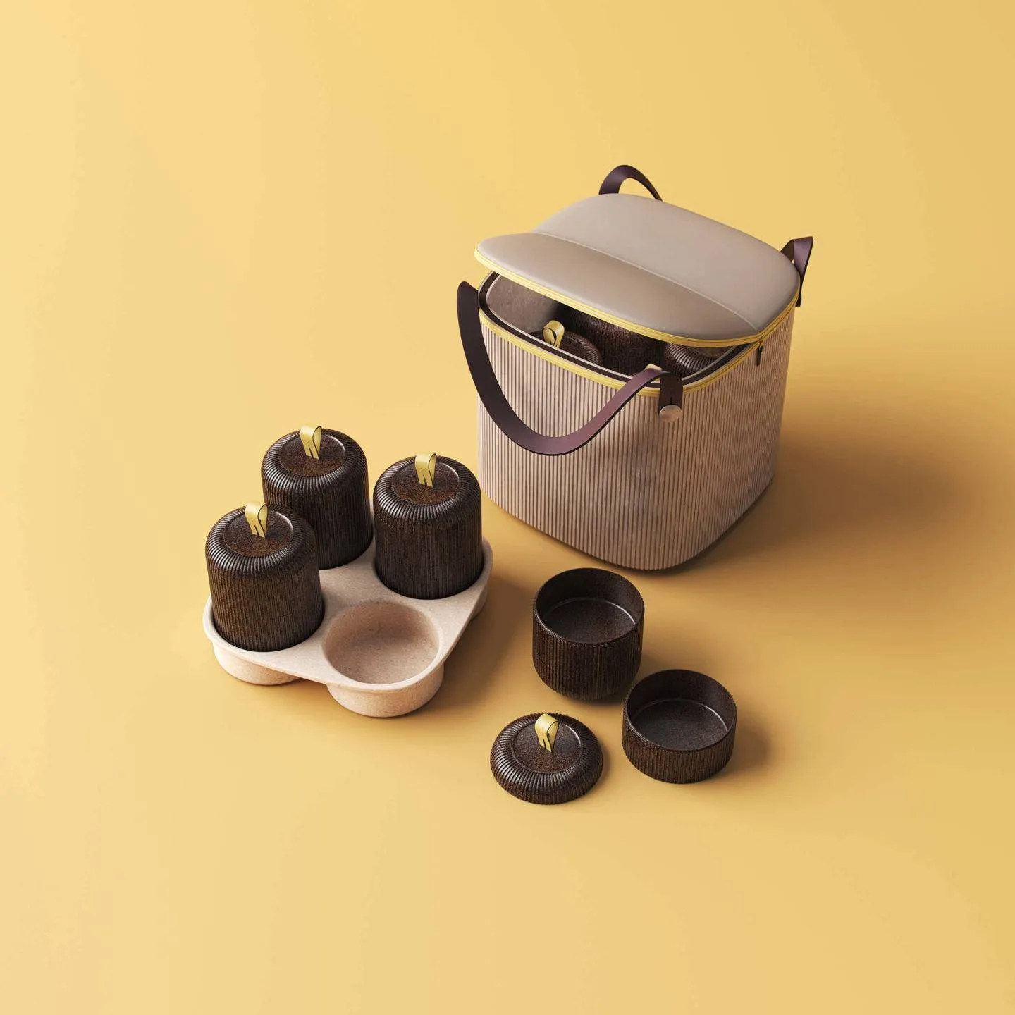 Artist's rendering of a food takeway bag and packaging made from sustainable materials
