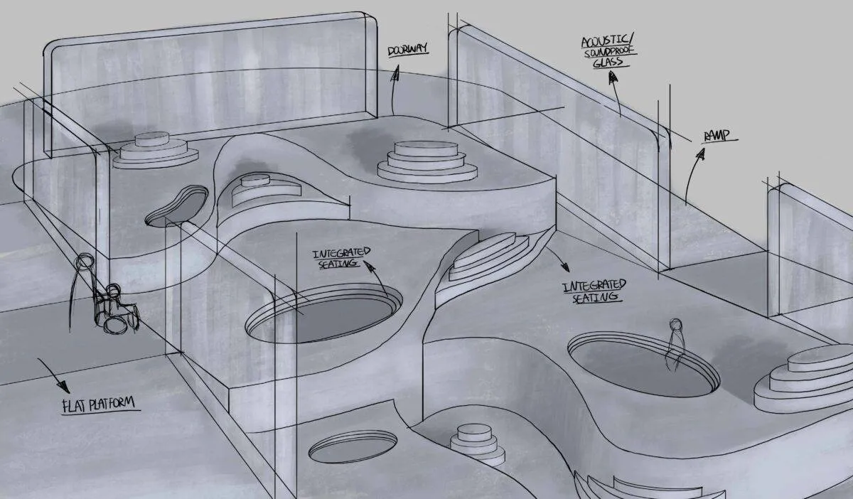 A student presenting a design concept to a panel.