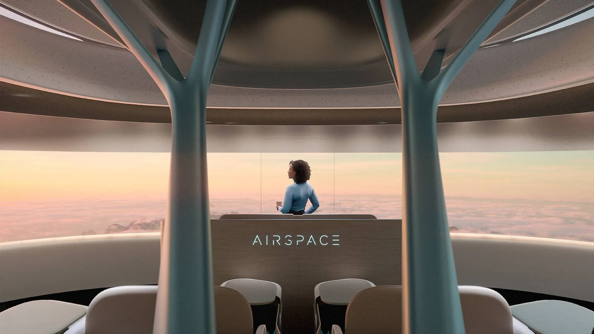 A rendering of an airplane cabin showing a communal area with seating and a table.