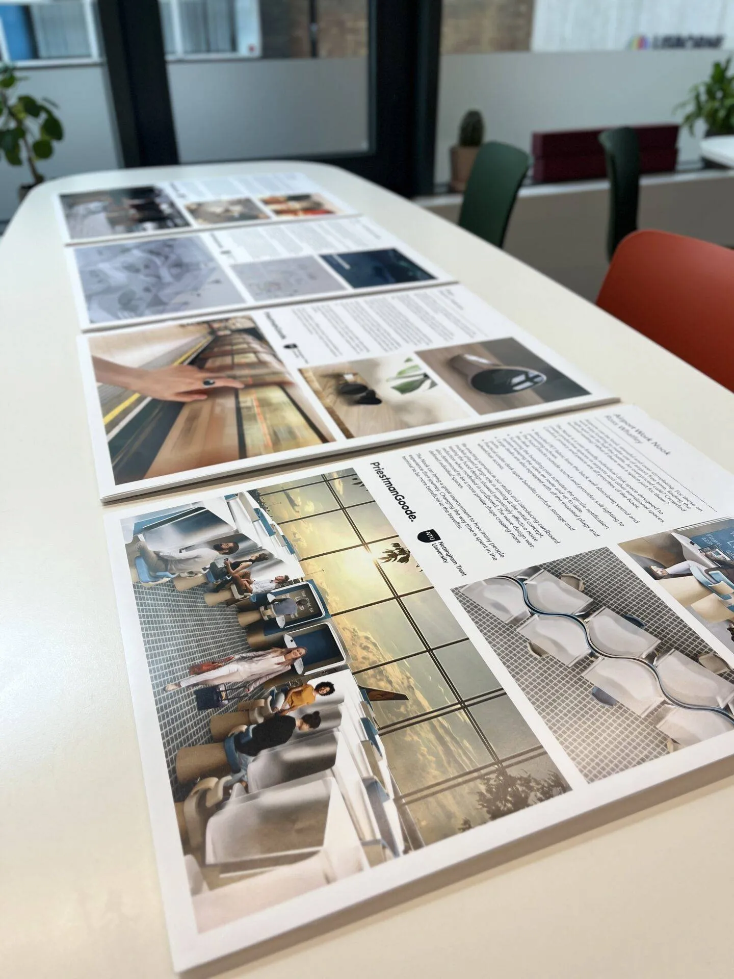 A student presenting a design concept to a panel.