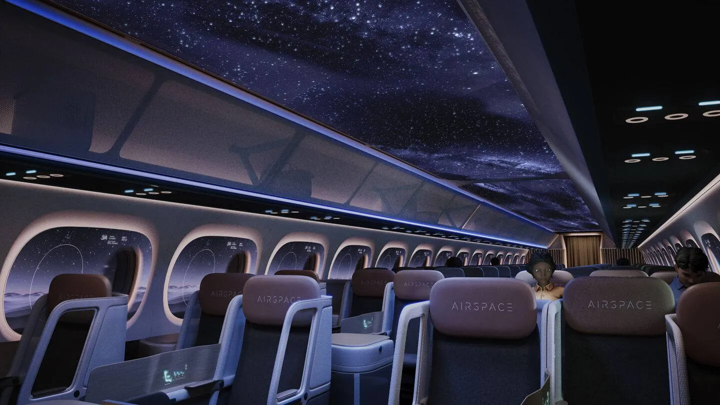 An illustration of an airplane cabin interior with passengers relaxing in comfortable seats.