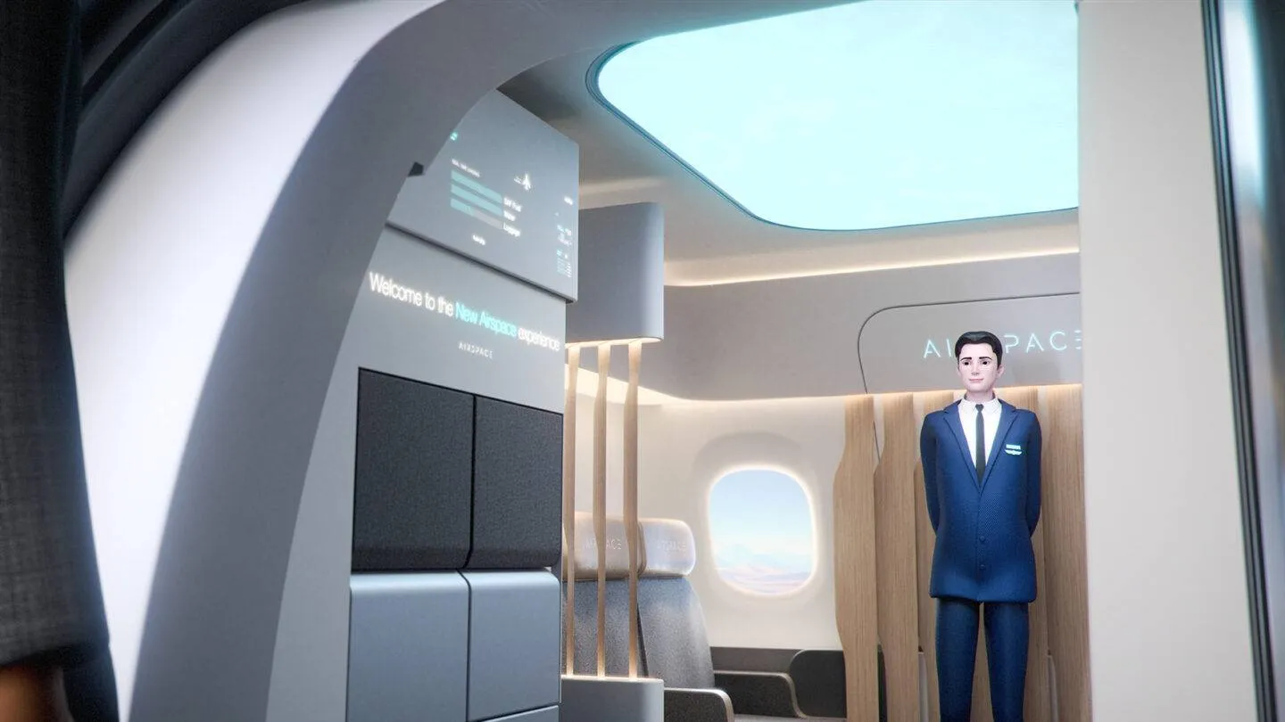 A close-up illustration of an airplane seat with integrated digital display and personal storage.