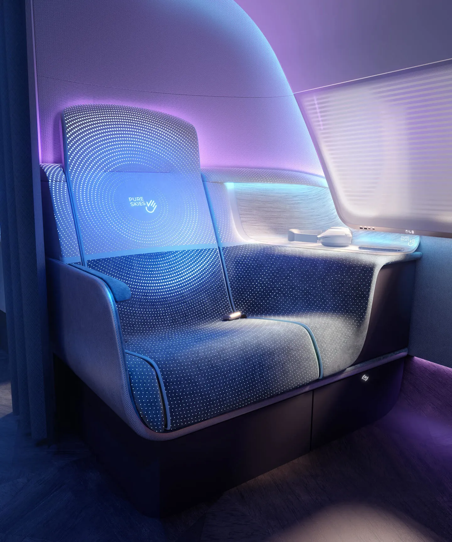 A business class seat, on which is displayed a Pure Skies logo, indicating the seat has been cleaned