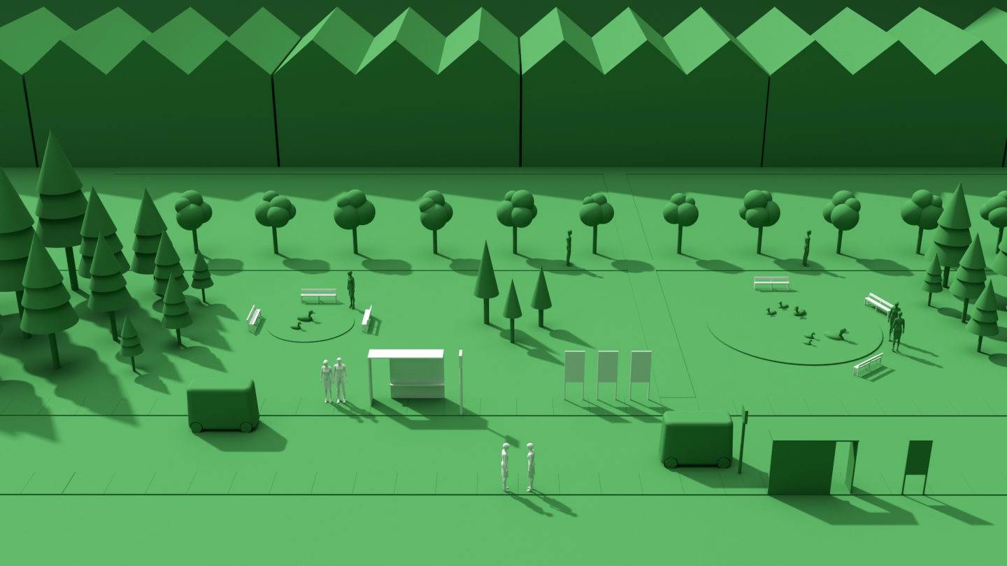 Green 3D computer rendered background showing a park with trees, a handful of people, public furniture and a row of houses