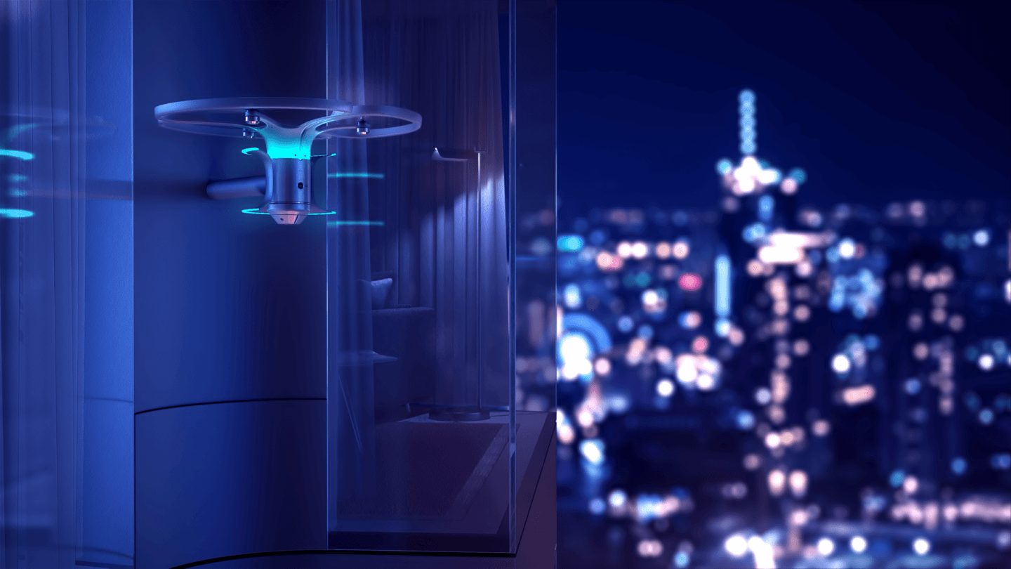 A drone hovering alongside a skyscraper apartment window, bright city lights can be seen in the background