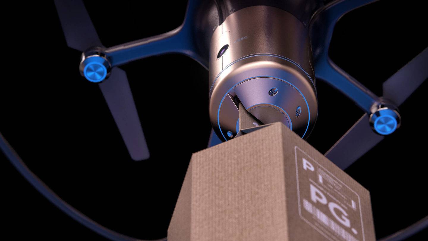 Close up view of a drone carrying a parcel