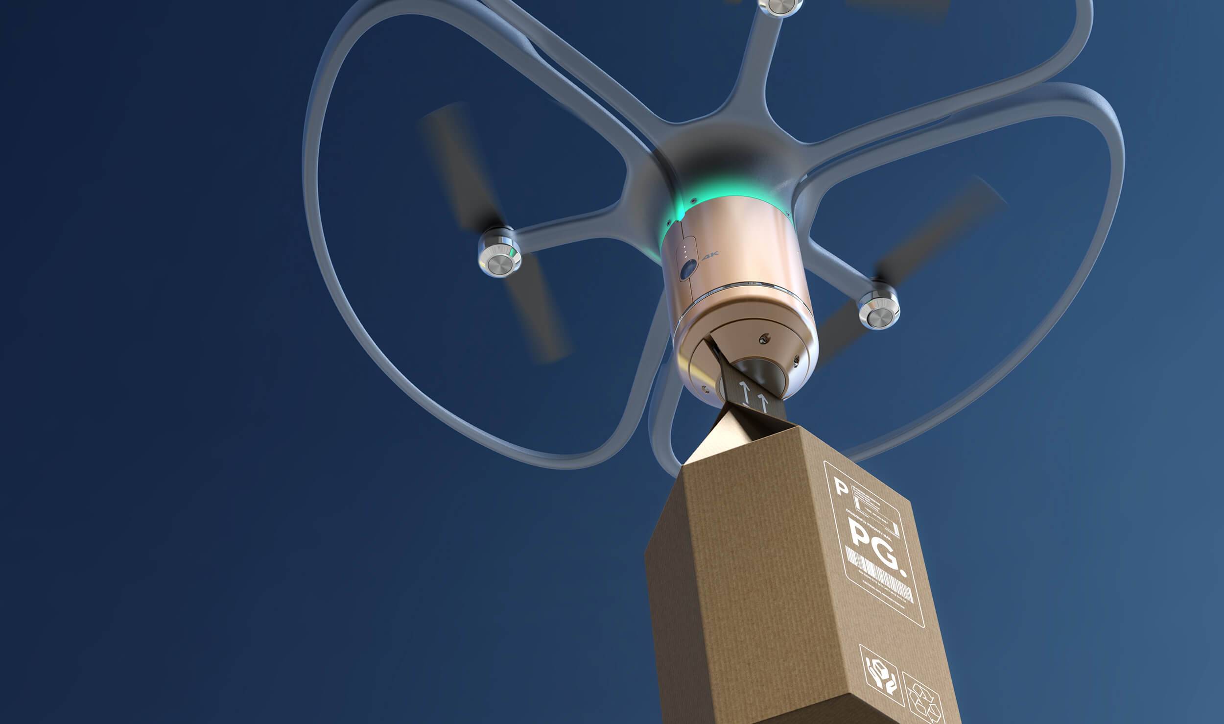 Artist's rendering of a drone lifting a parcel, set against a blue backdrop