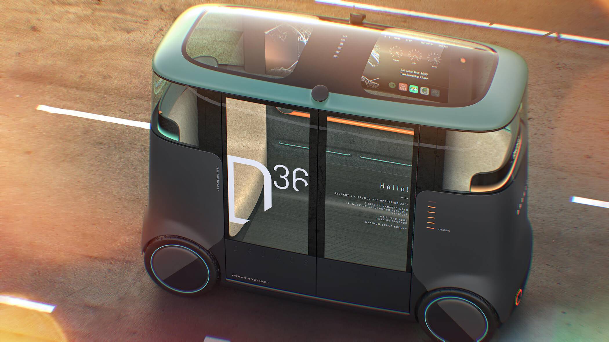 Overview of a single Dromos autonomous vehicle, showcasing the vehicle's glass roof