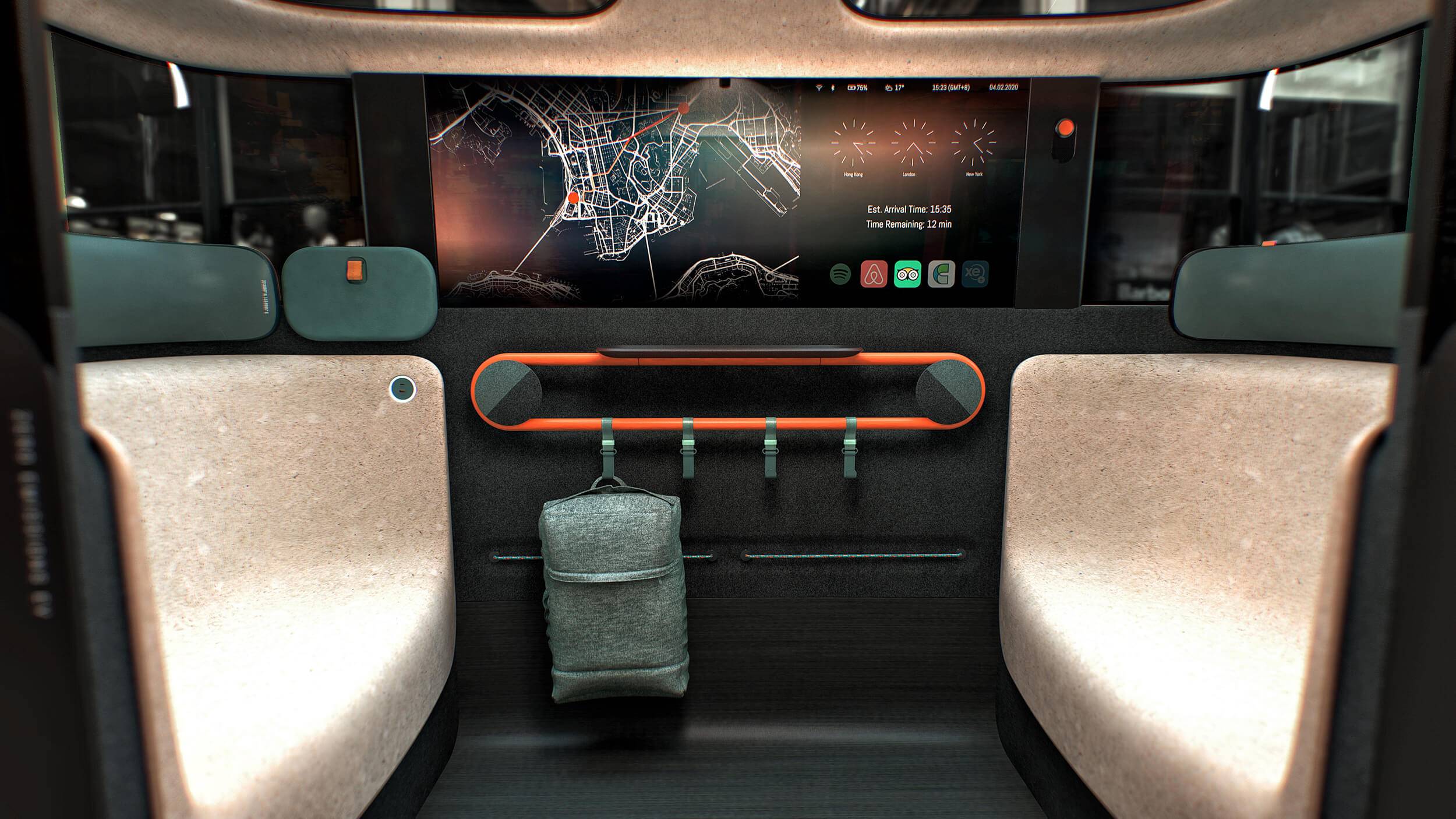 The Dromos autonomous vehicle interior. Two seats are facing one another, a large digital map is shown on the central window, while beneath, coat hooks are against the bottom wall of the vehicle. A rucksack hangs off one of the hooks