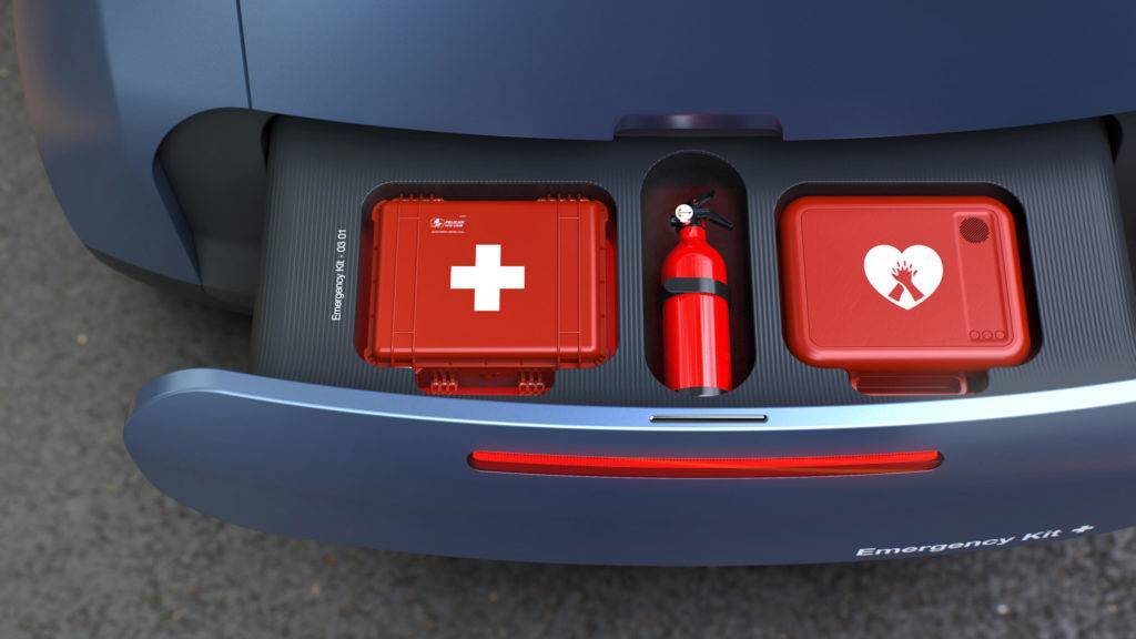 A first aid kit comes out of a special compartment accessed from the outside of the autonomous vehicle