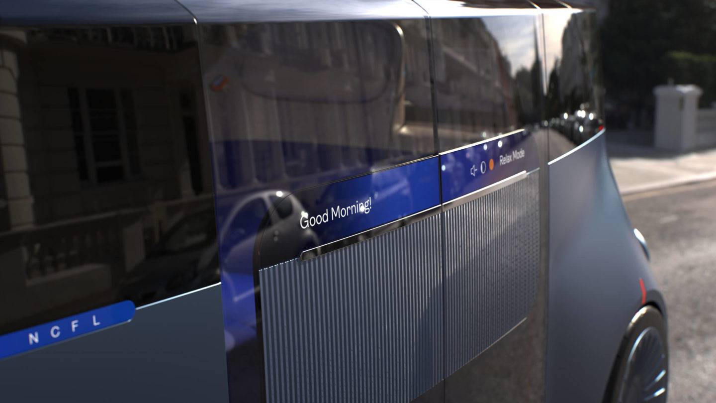 Detail of welcome message shown on the doors of the New Car for London autonomous vehicle