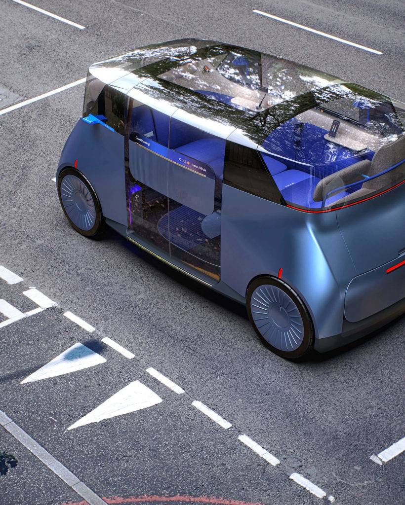 Side view of the New Car for London autonomous vehicle, with its glass roof, metallic blue body and electric blue seats within