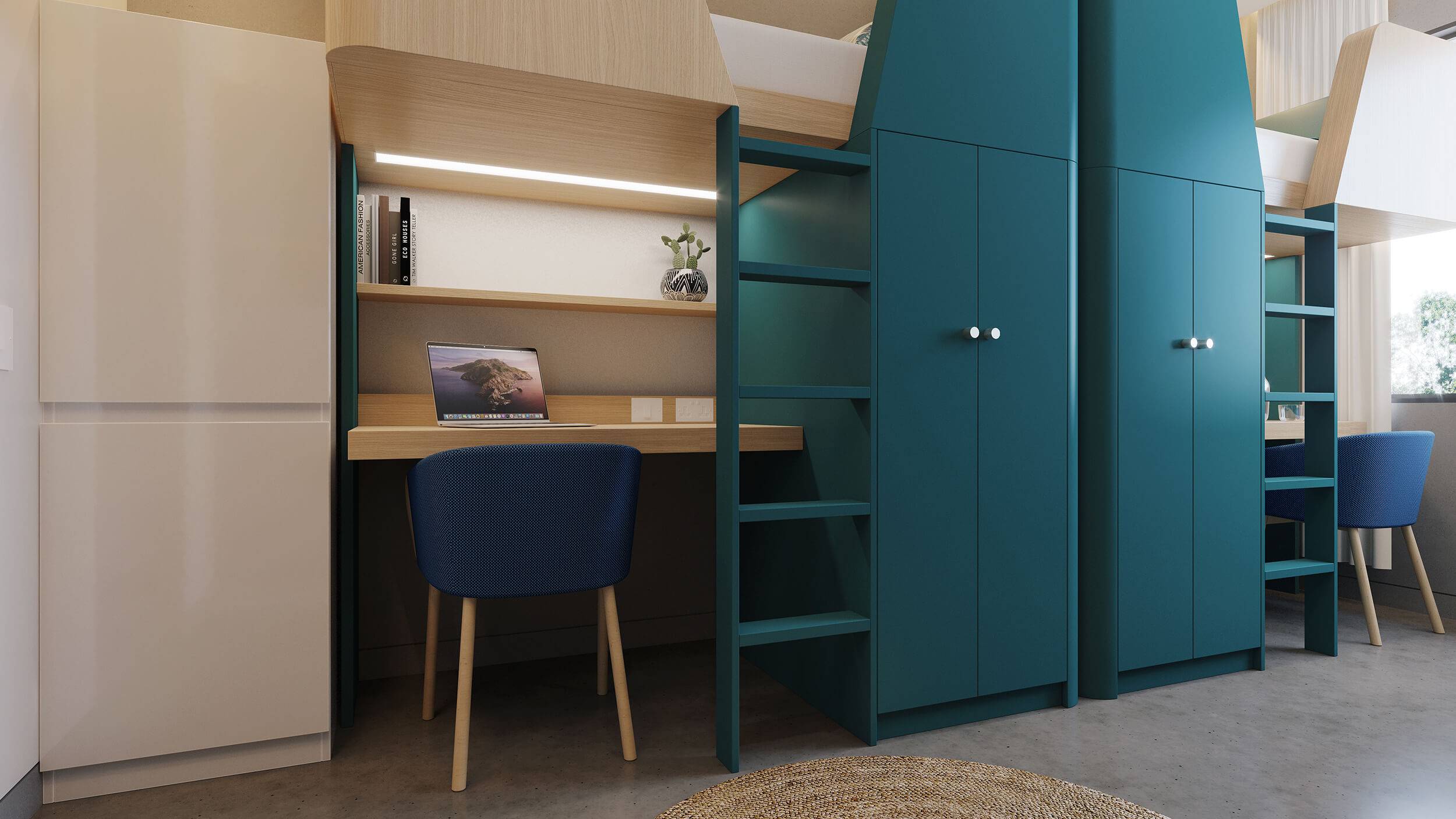 Two bunk bed type spaces. Two desks and chairs with a shelf unit above each desk. To the side of each is a wardrobe and ladder, which leads to a bunk bed