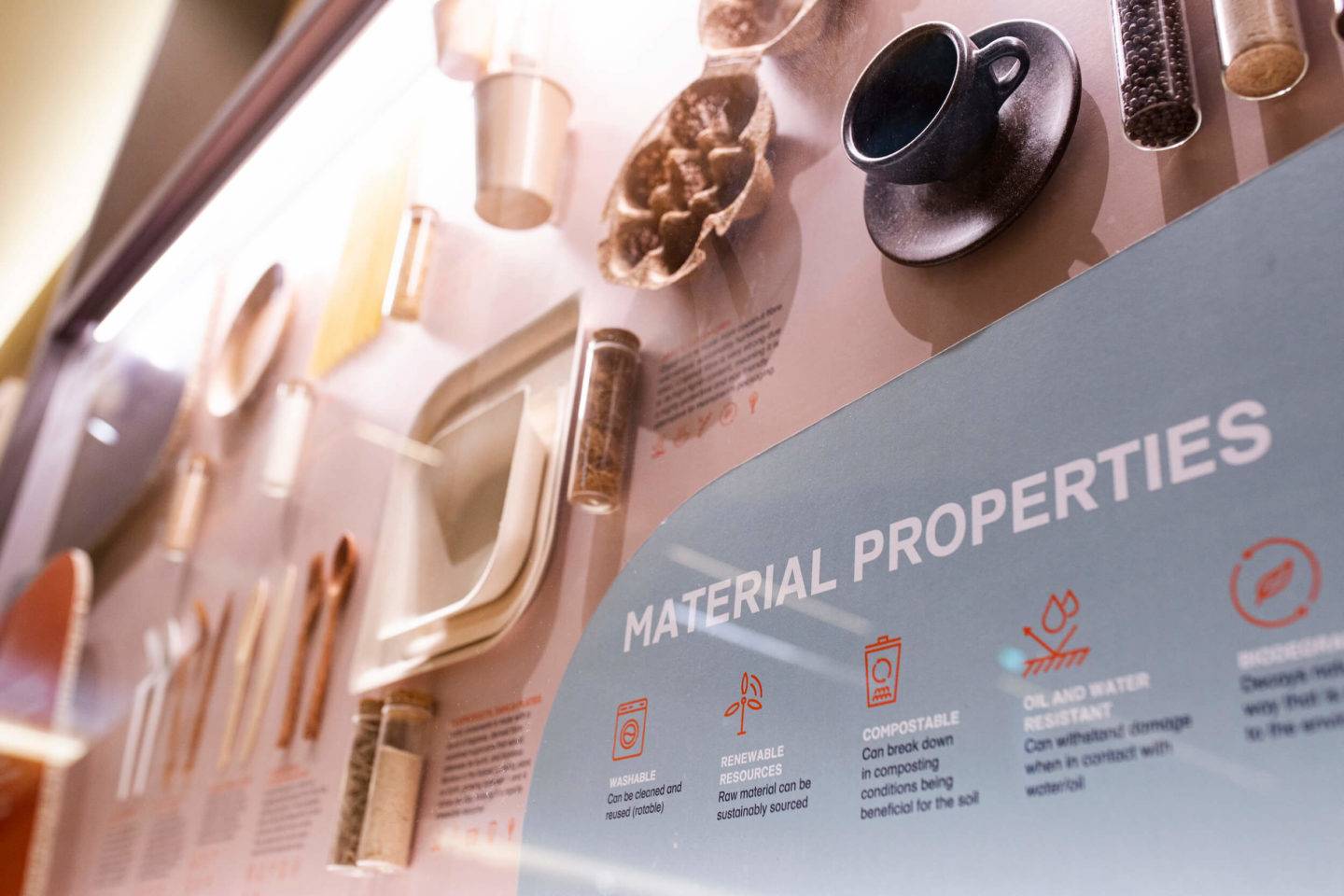 Material properties. Detail view of display cases in an exhibition showing items made from natural materials