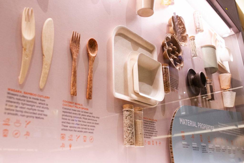 Material properties. Detail view of display cases in an exhibition showing items made from natural materials
