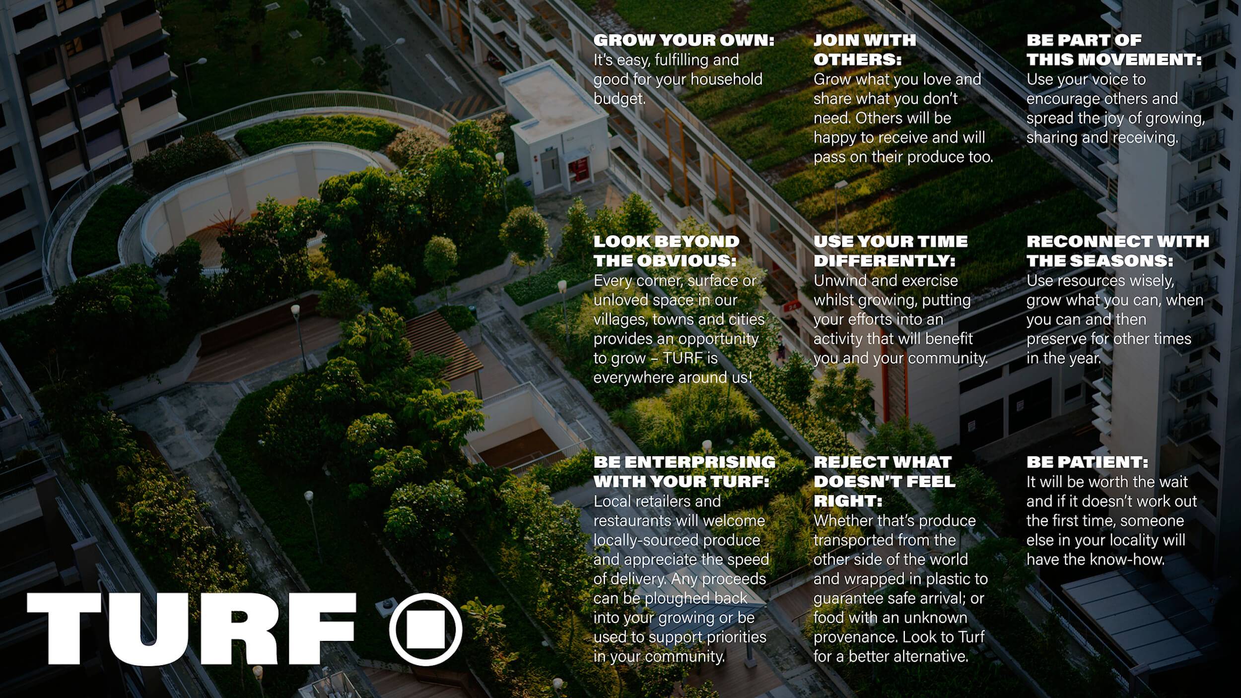 TURF manifesto over an image of a rooftop covered in plant beds