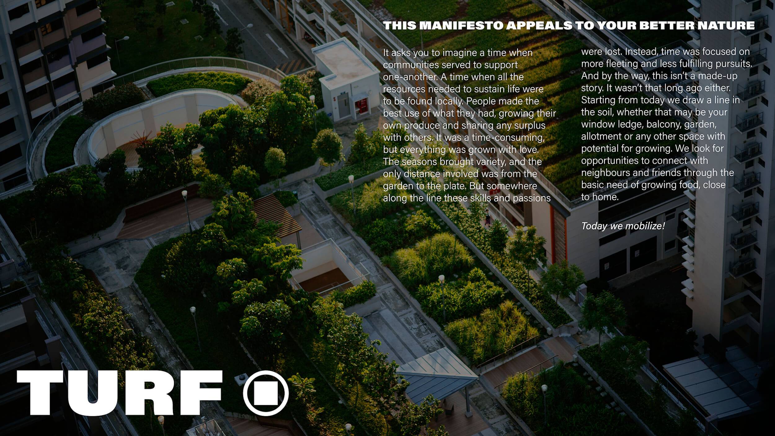 TURF manifesto over an image of a rooftop covered in plant beds