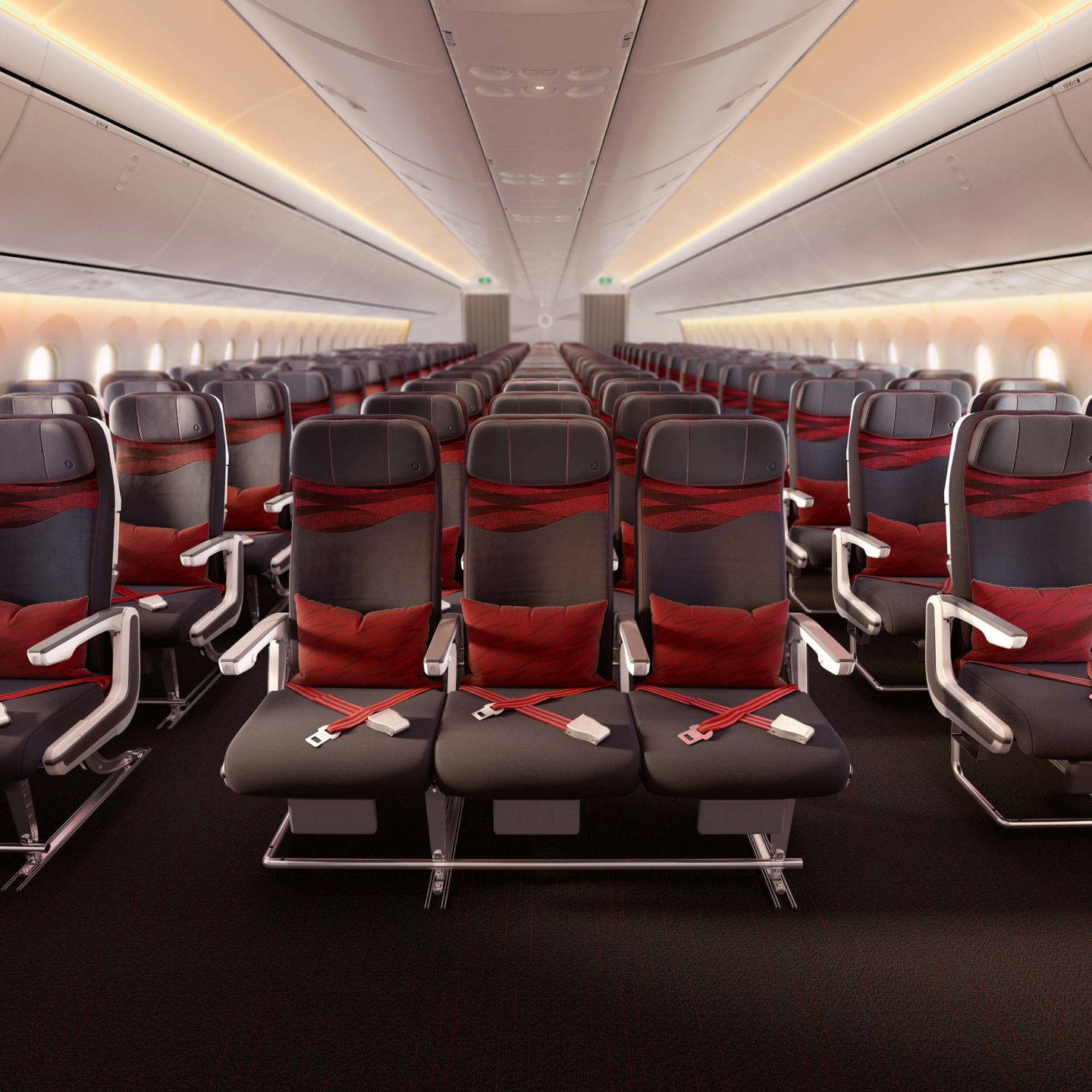Overview of a vast economy class cabin on the Turkish Airlines Boing 787 Dreamliner