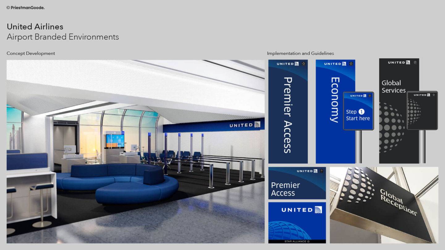 United Airlines gate design with signage details