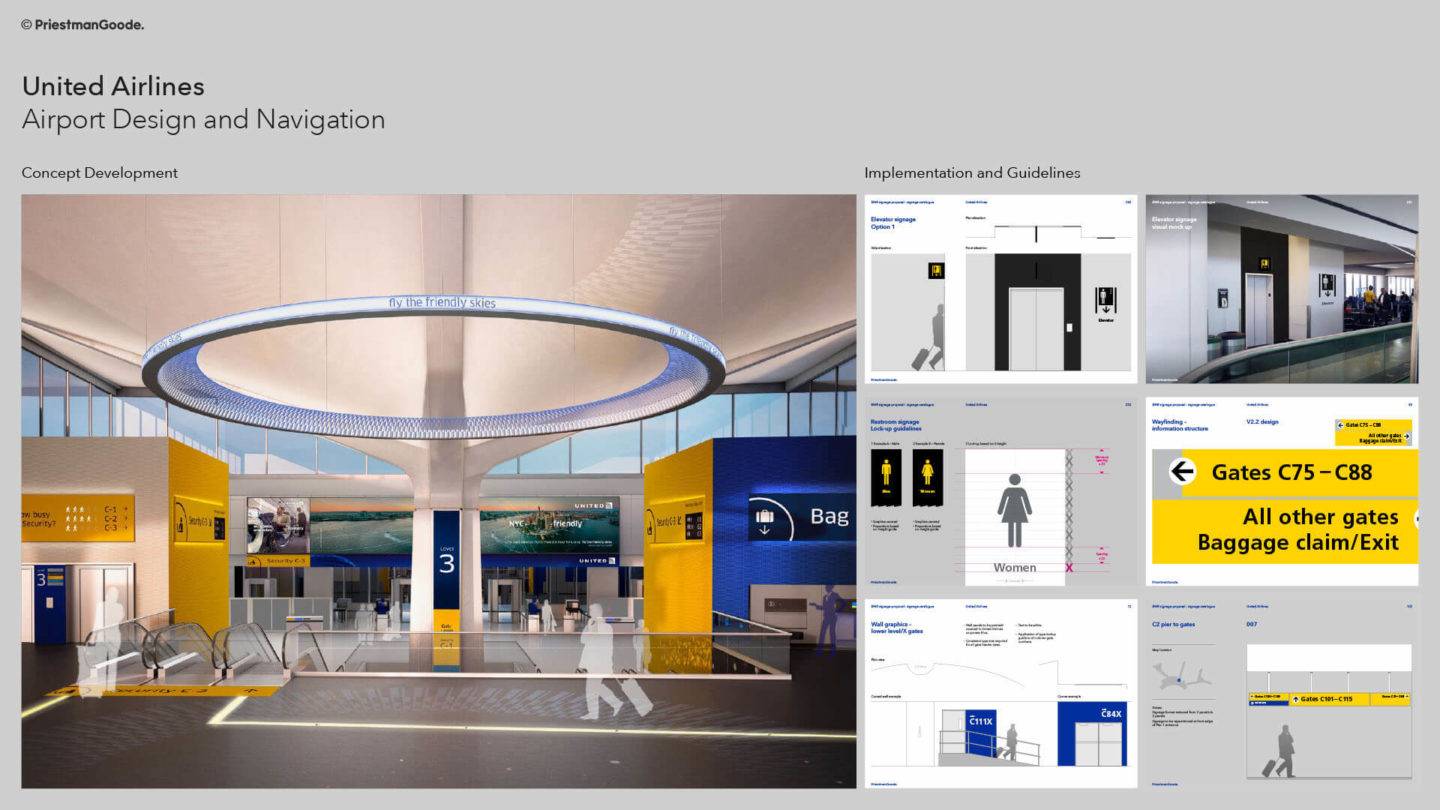 Wayfinding and signage guidelines for United Airlines, including an artist's render of wayfinding within a vast airport environment