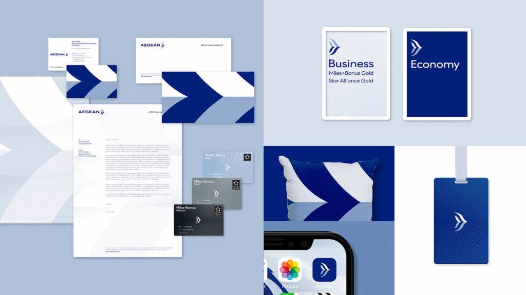 Details from the Aegean Airlines brand book, showing different applications of the brand, including stationery, business cards, apps, luggage tags and more