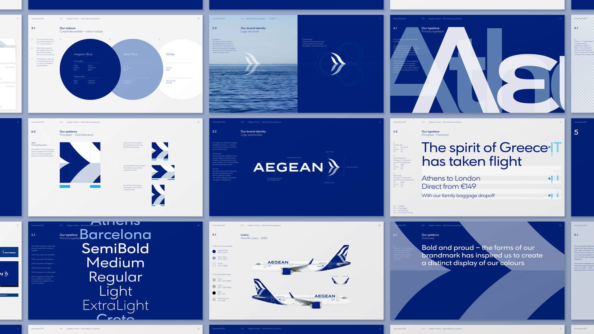 Selection of graphics, logos and fonts showing the new Aegean Airlines brand