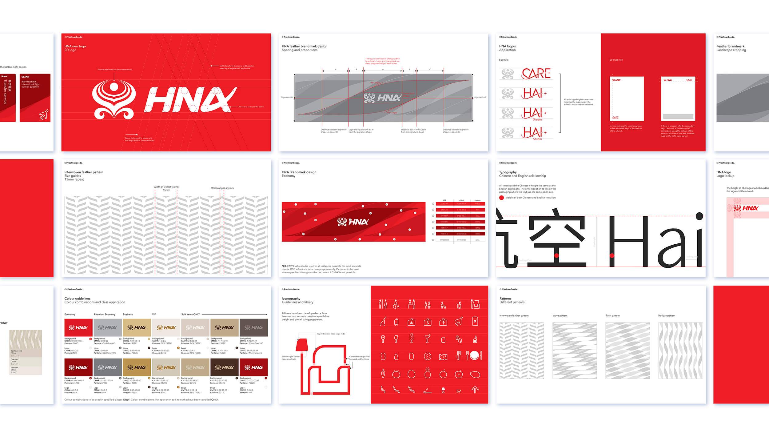 Different fonts, patterns, logos and colours that make up the HNA brand