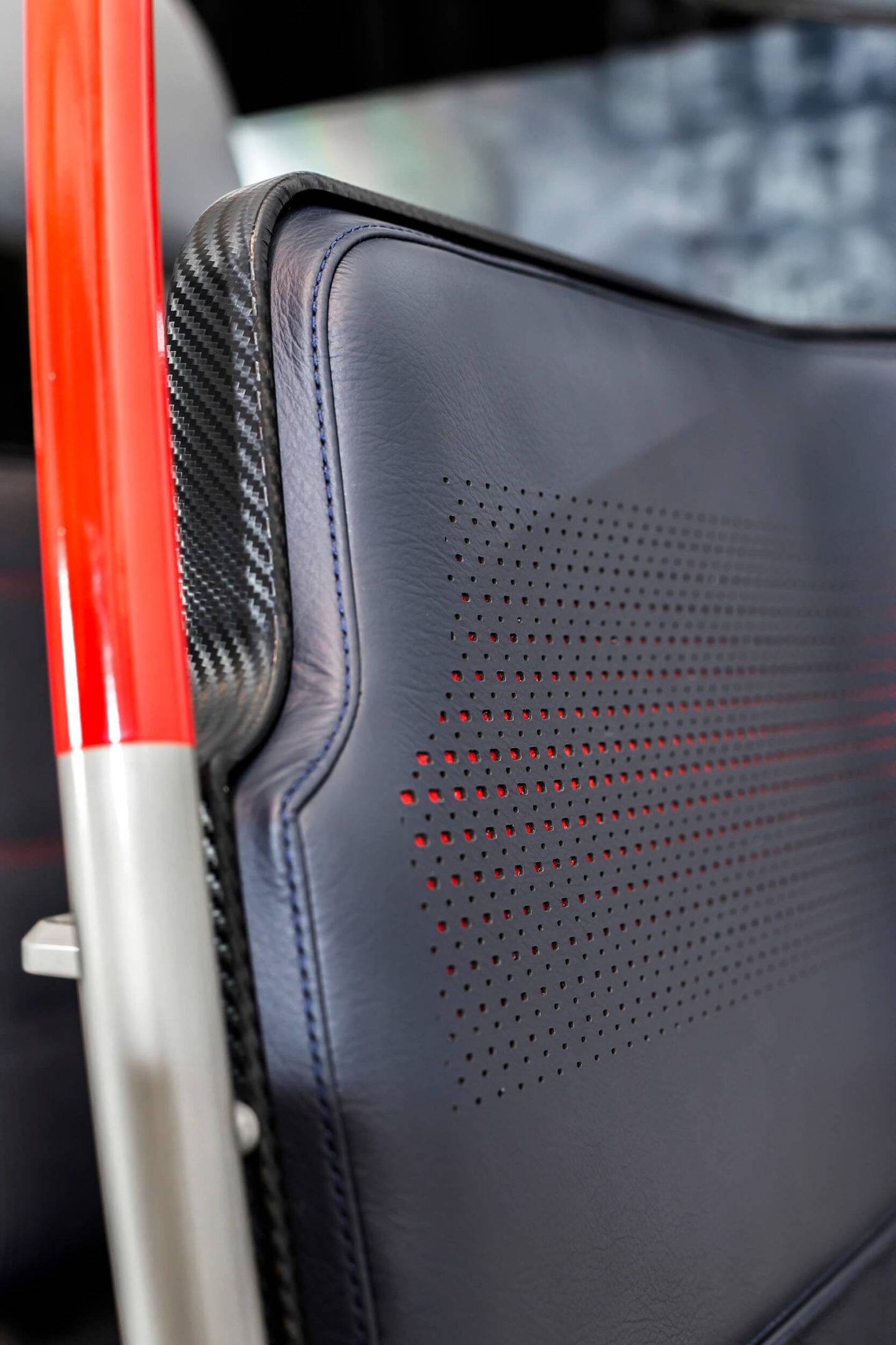 Detail of a handrail and headrest on the Horizon train seat