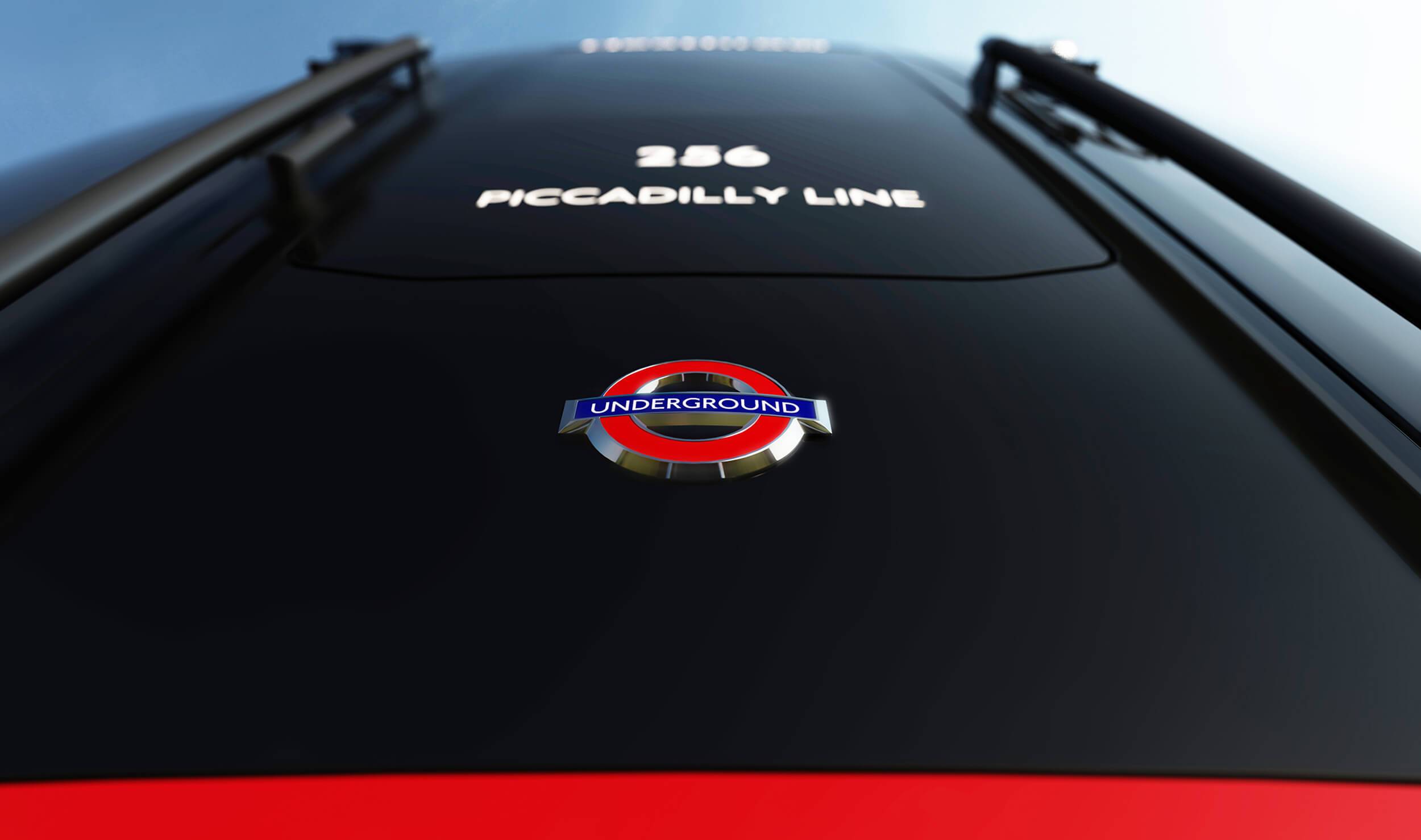 Close up of the front of a Piccadilly Line London Underground train carriage