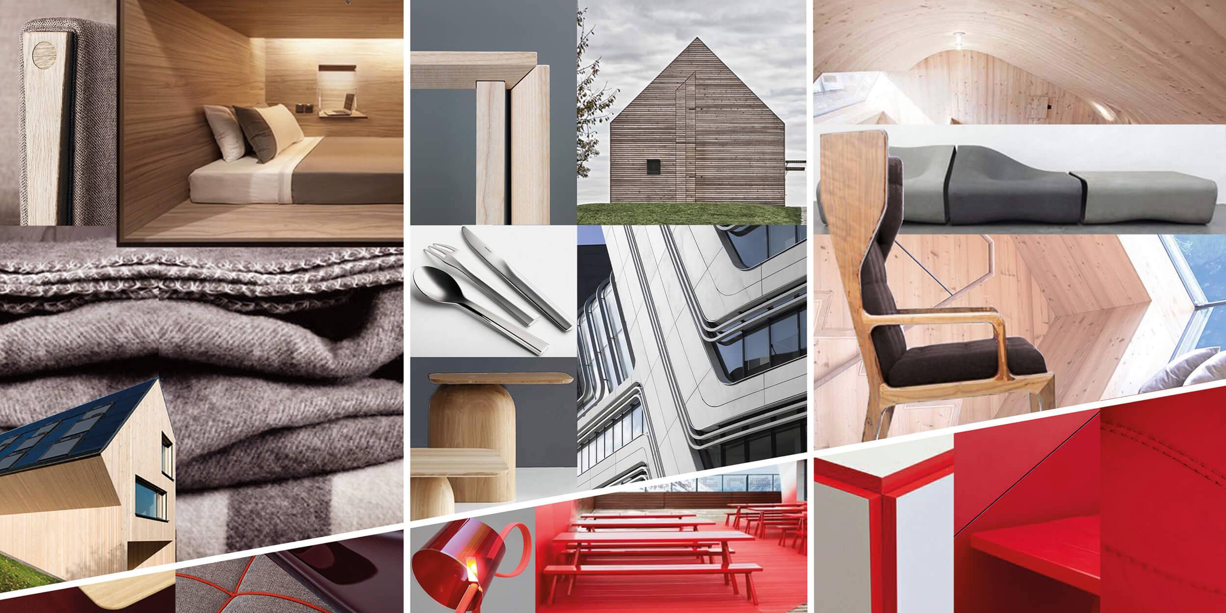 A moodboard of inspiration images showing architectural details, textures and colours