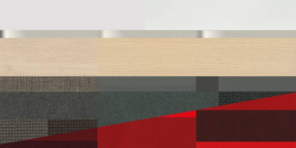 A palette of materials and colours including light wood, dark greys and reds