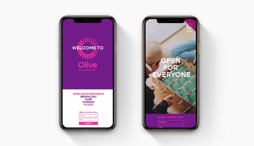 Two phones alongside one another show the Olive app. On the left screen we read 'Welcome to Olive' and there are sign in details. On the right the screen reads 'Open for Everyone'