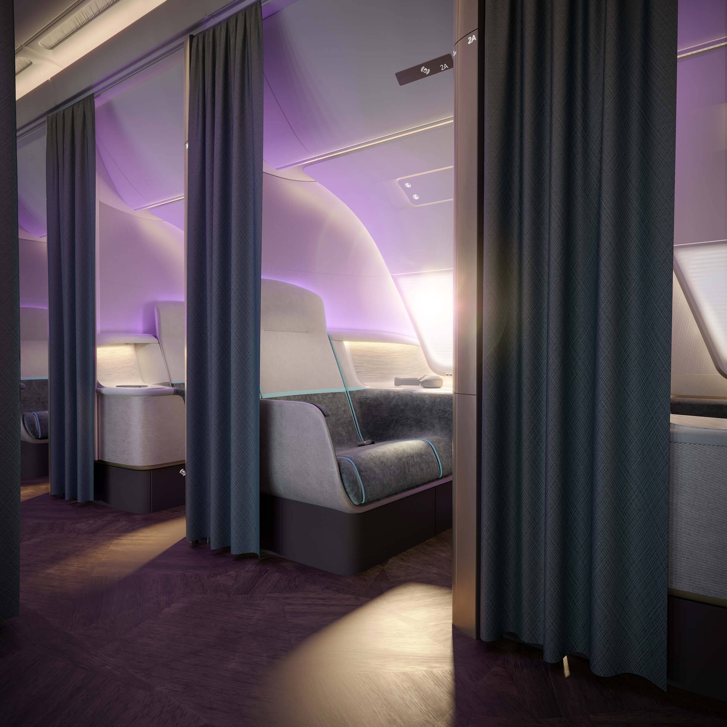 A series of business class aircraft seats, each in its own contained space, which can be made private with a floor to ceiling curtain