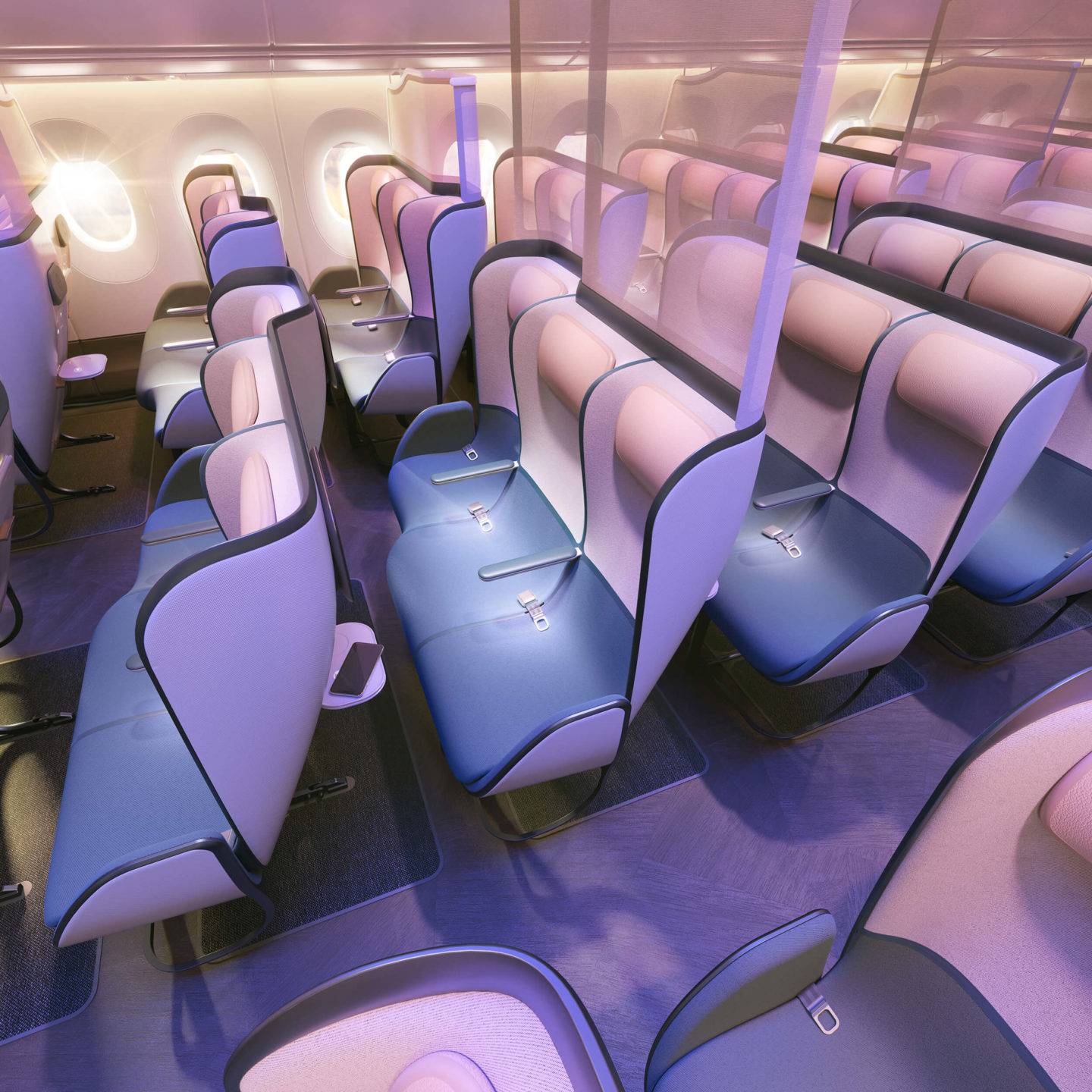 Section of an economy class cabin, featuring light coloured dividing screens above seats every two rows, as well as staggered seating