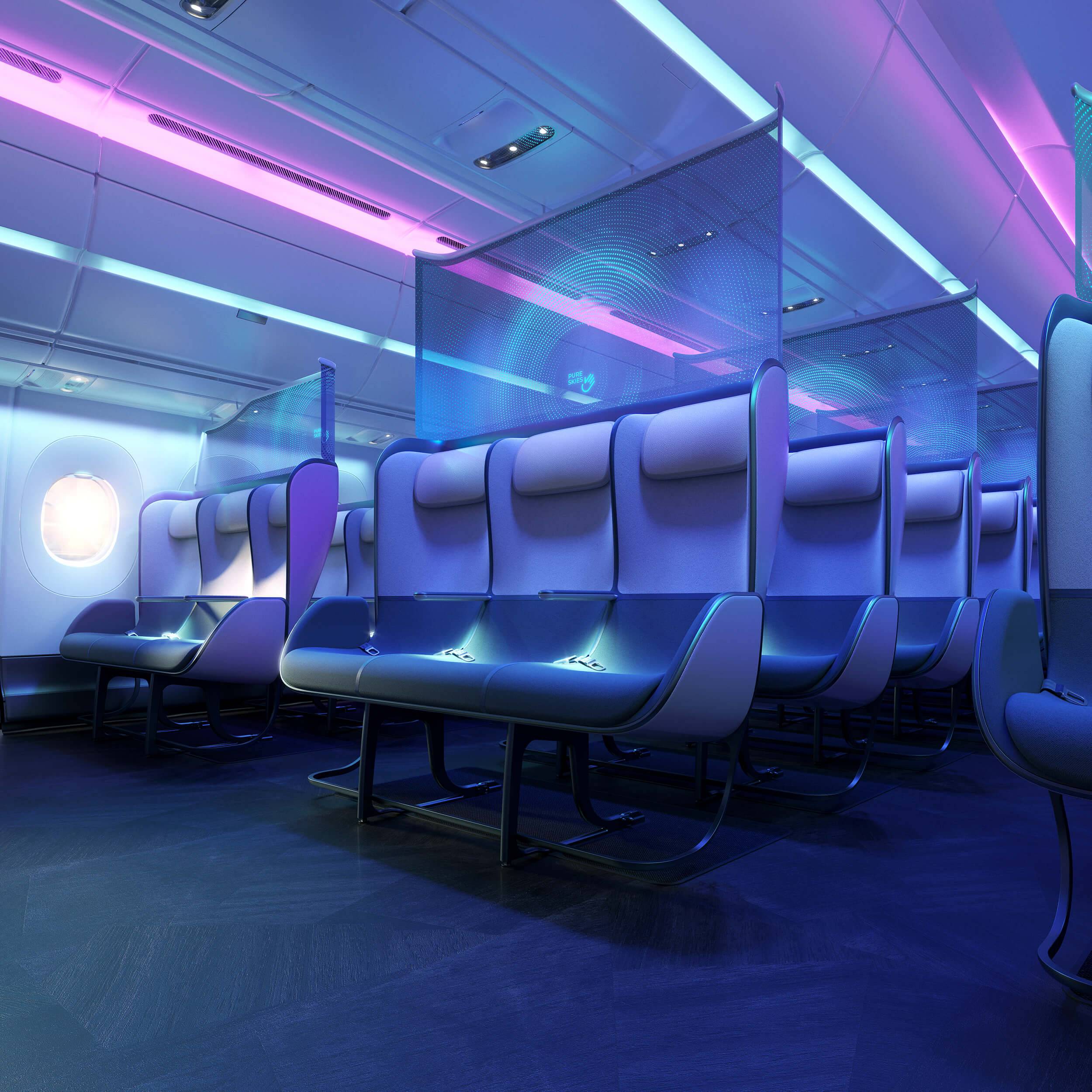 Economy class cabin shown in a blueish purple light. Dividing screens above seats between every two rows display a message of reassurance that the cabin has just been cleaned