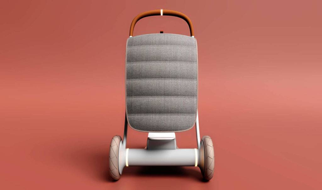 Front view of a personal scooter, showing a large padded grey storage bag in the front