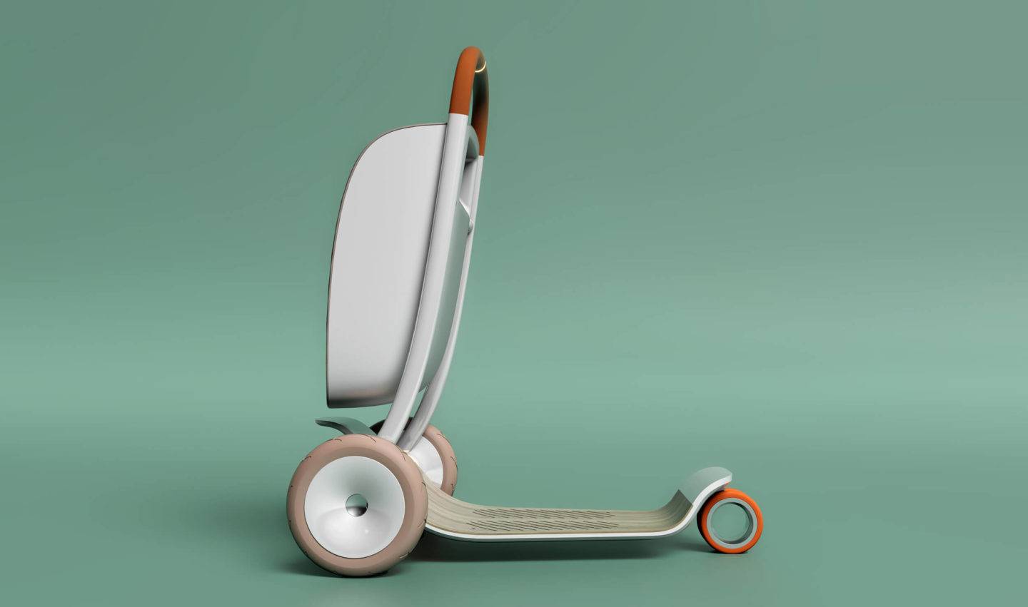 Side view of a personal scooter, with a large storage bag in front, set against a light turquoise backdrop