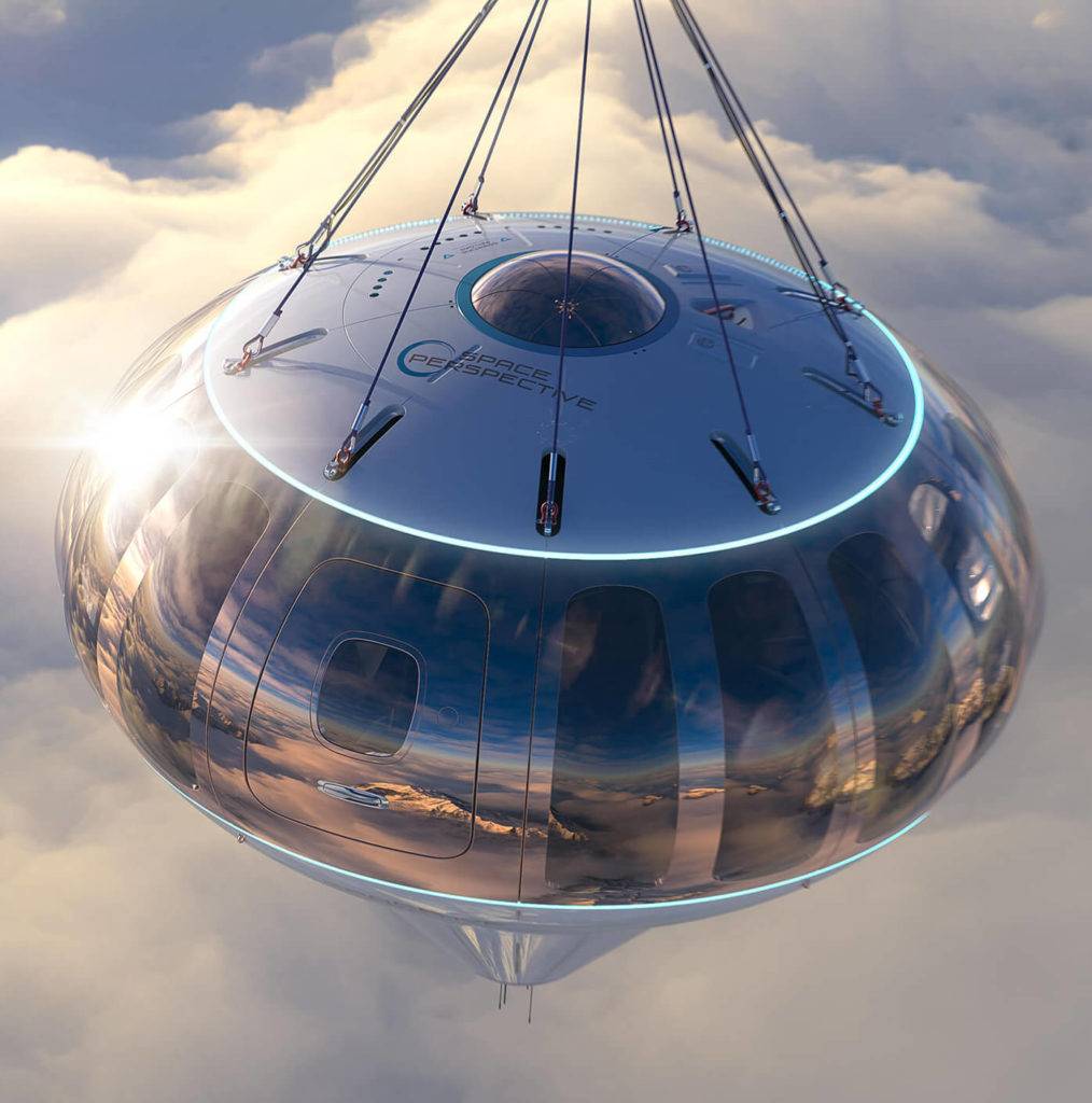 A Space capsule hovering above the clouds