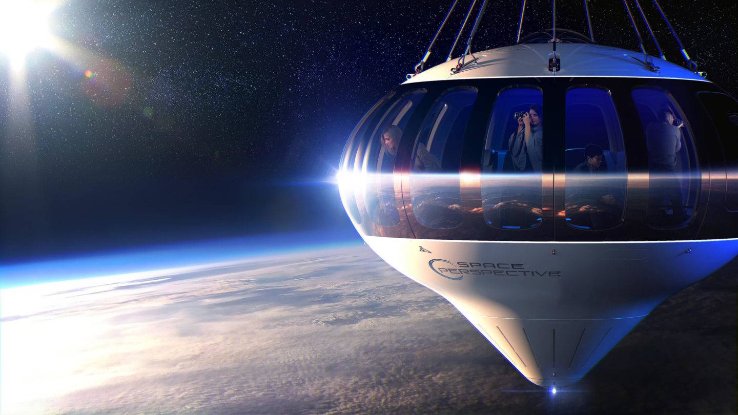 A space capsule in space, high above the clouds of the Earth below. Passengers can be seen through the windows, looking down at Earth and taking photos
