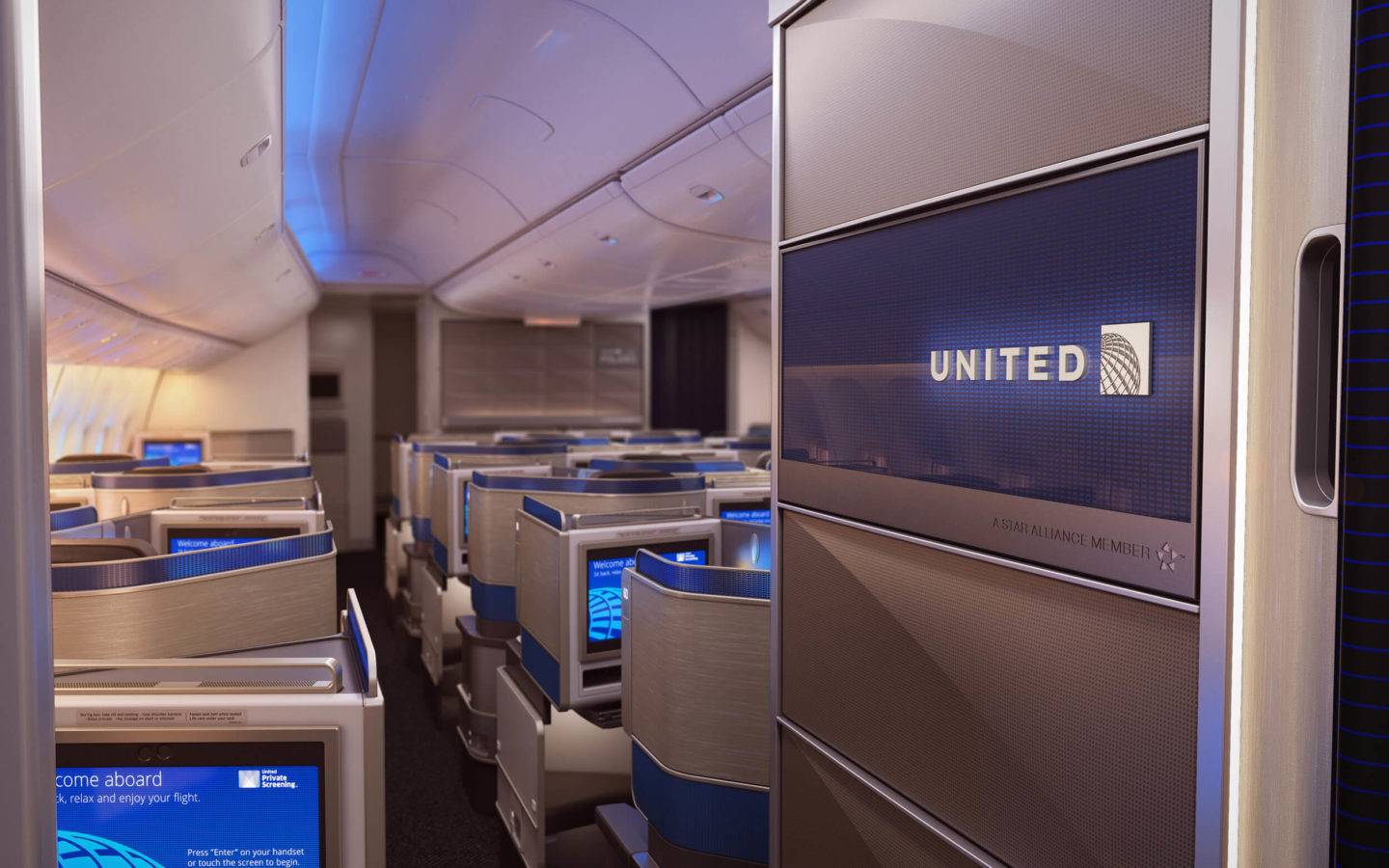 United brand panel at the entrance to the aircraft cabin