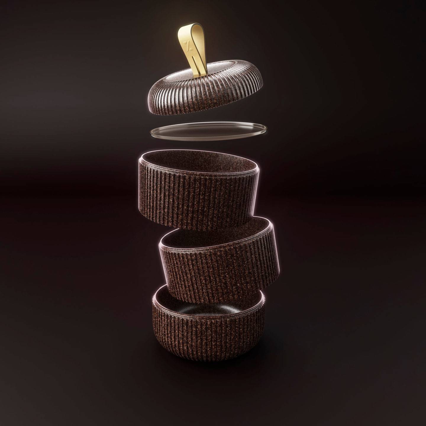 Exploded view of a stacked brown bento box style food container, against a dark background