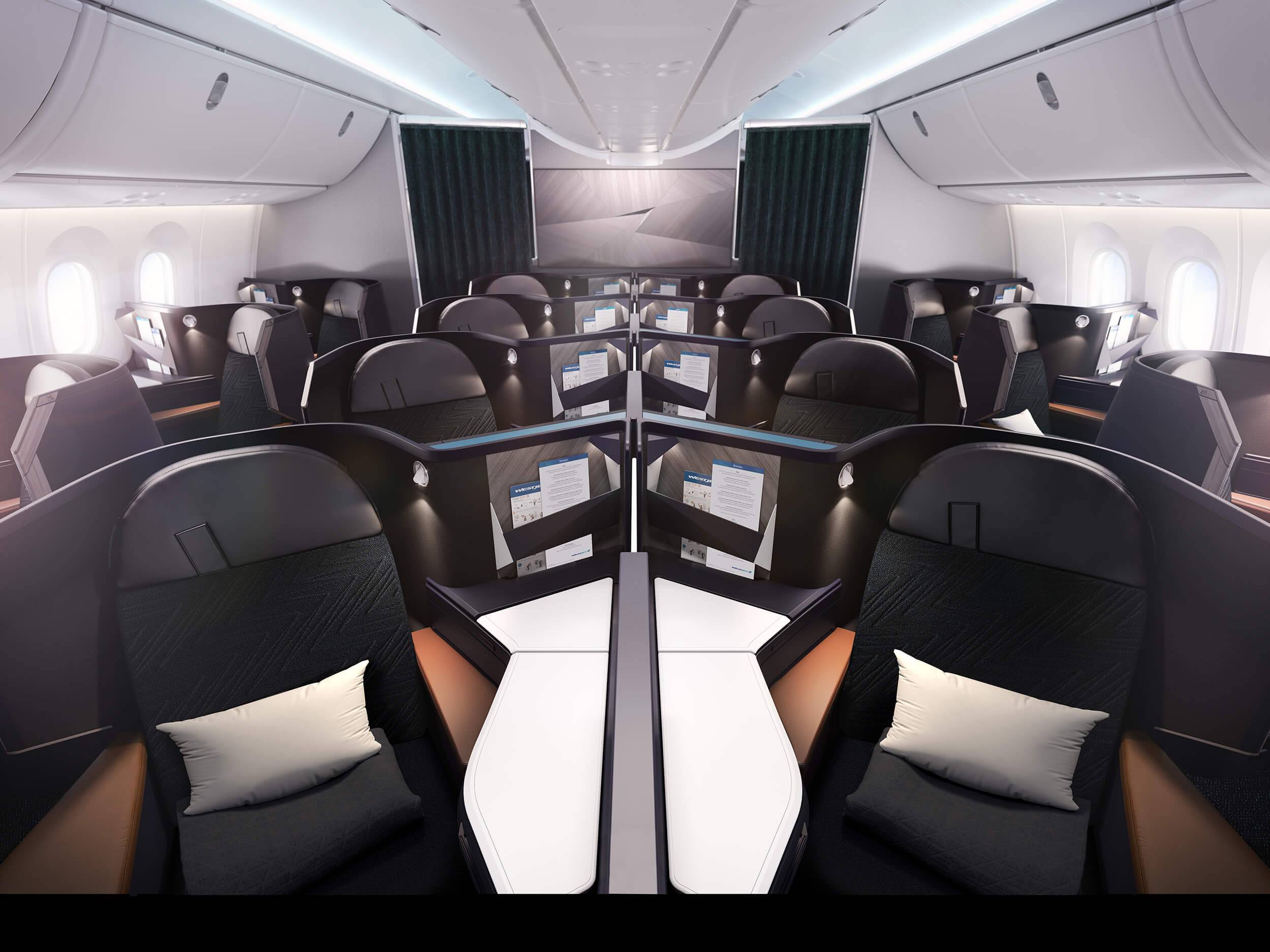 Full cabin view of the Business Class cabin onboard WestJet's B787 aircraft